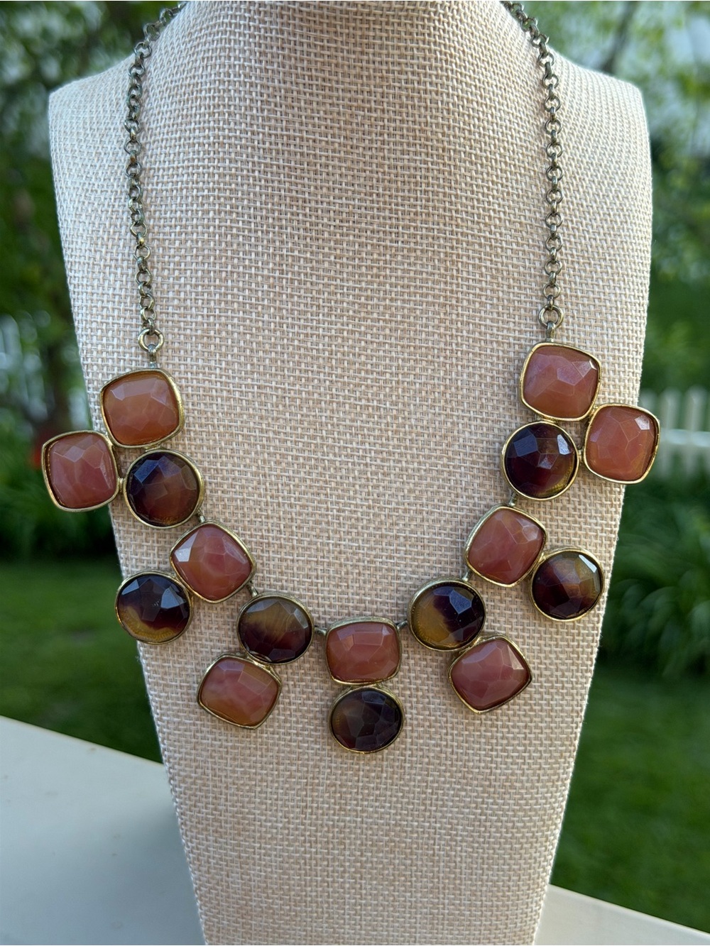 Crown Trifari Faceted Brown & Peach Gemstone Statement Necklace